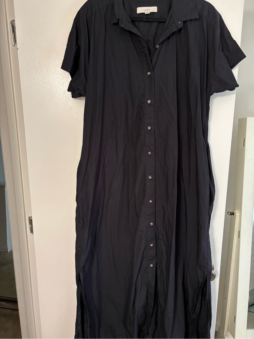 LOFT Black Button-Front Maxi Shirt Dress